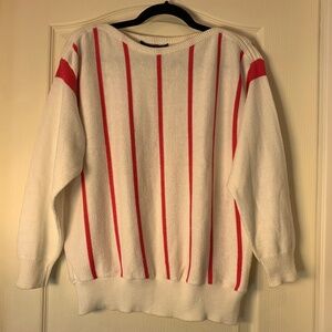 Impromptu White & Fuchsia Striped Boat Neck Vintage Knit Sweater – gently shaped